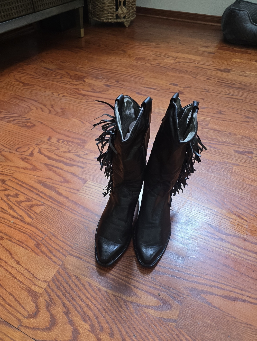 Vintage Black Leather Fringe Western Boots Size 7 Slouchy Boho Cowboy